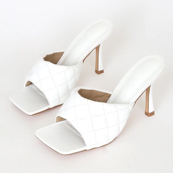 Klara White Quilted Square Toe High Heel Sandals - Picture 2 of 4